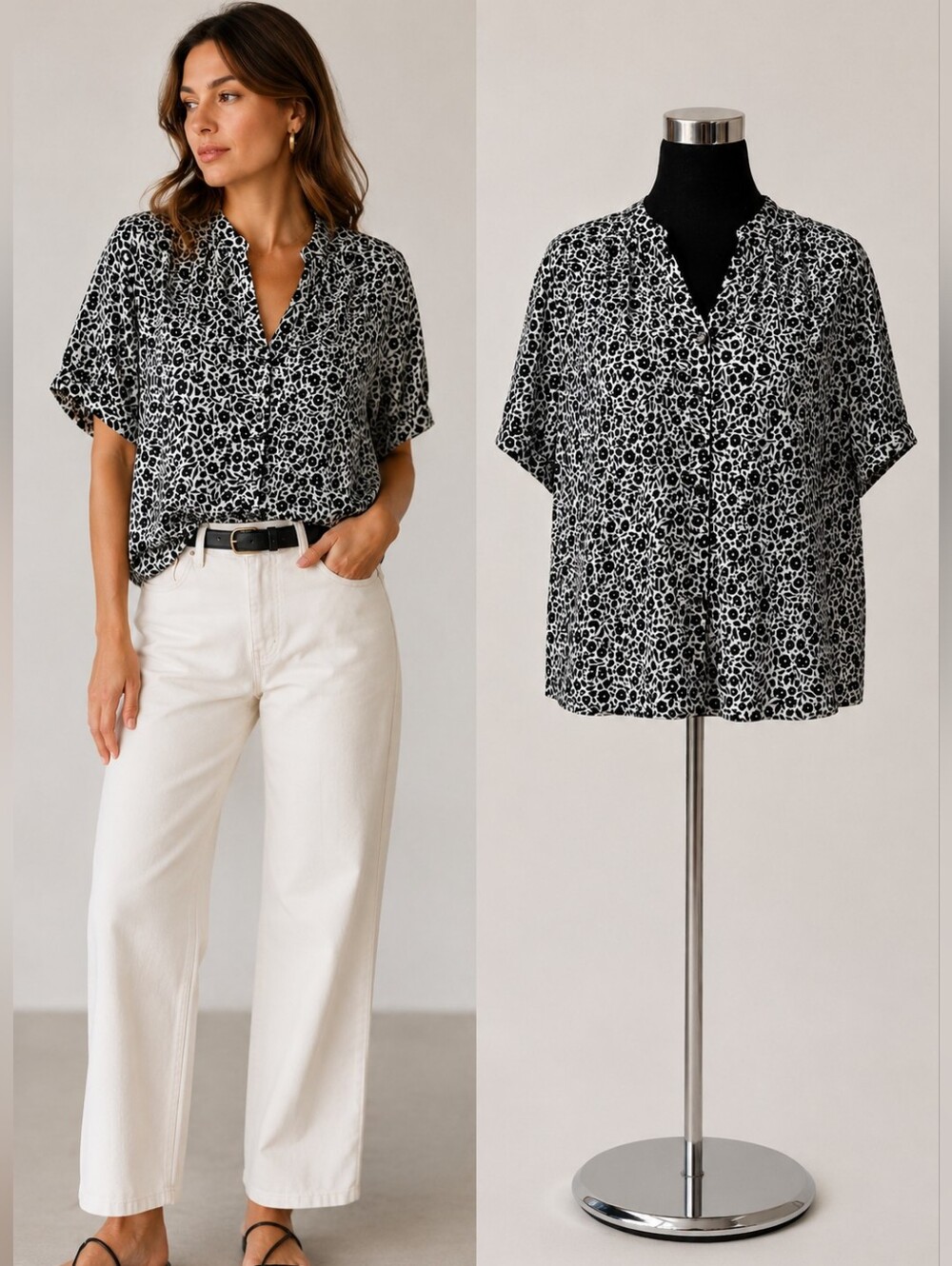 Hatley Floral Modal Blouse S Relaxed Fit Black White Lightweight Summer Top